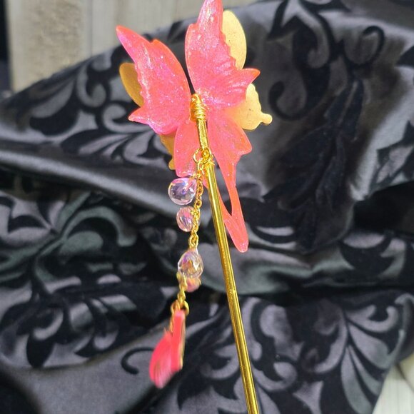 Handmade Delicate Gold and Pink Butterfly Hair Stick w/ Wings and Crystal 7" L - Picture 6 of 8